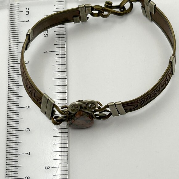 Vintage Egyptian Revival Jasper Stone Bracelet Brass Mixed Metal 6.75 in - Picture 3 of 16